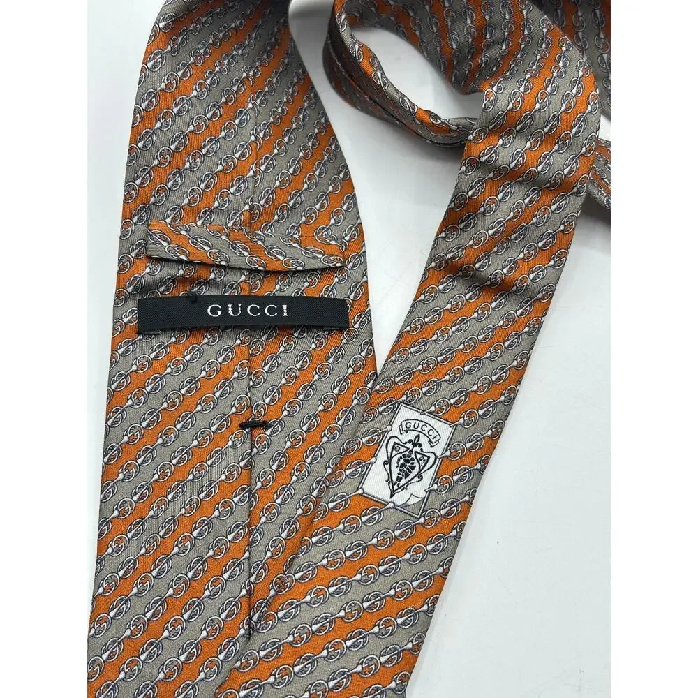 GUCCI GG Horsebit Silk Tie Orange Taupe Stripe Italy Luxury Necktie $250